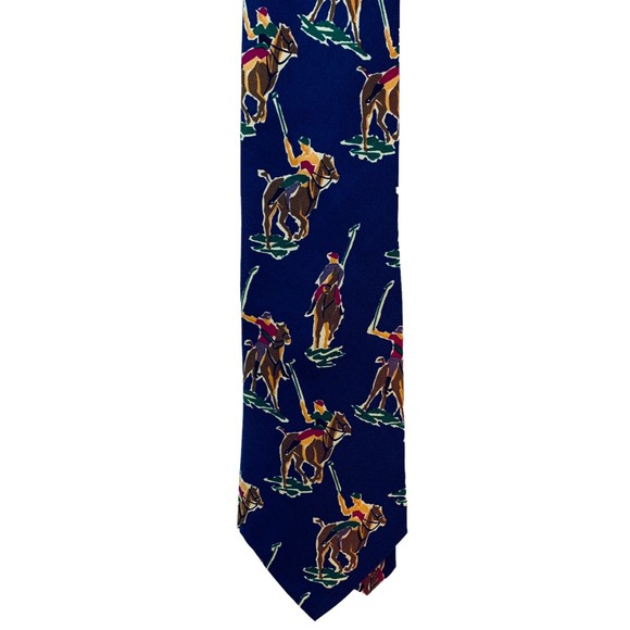 Vintage Polo Ralph Lauren Blue Silk Hand Made Tie Equestrian Horses Polo Players